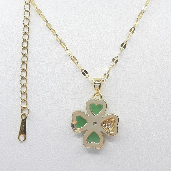 Green 4 leaf Clover Shamrock Gold Plated Stainless Steel Necklace New - Picture 4 of 4